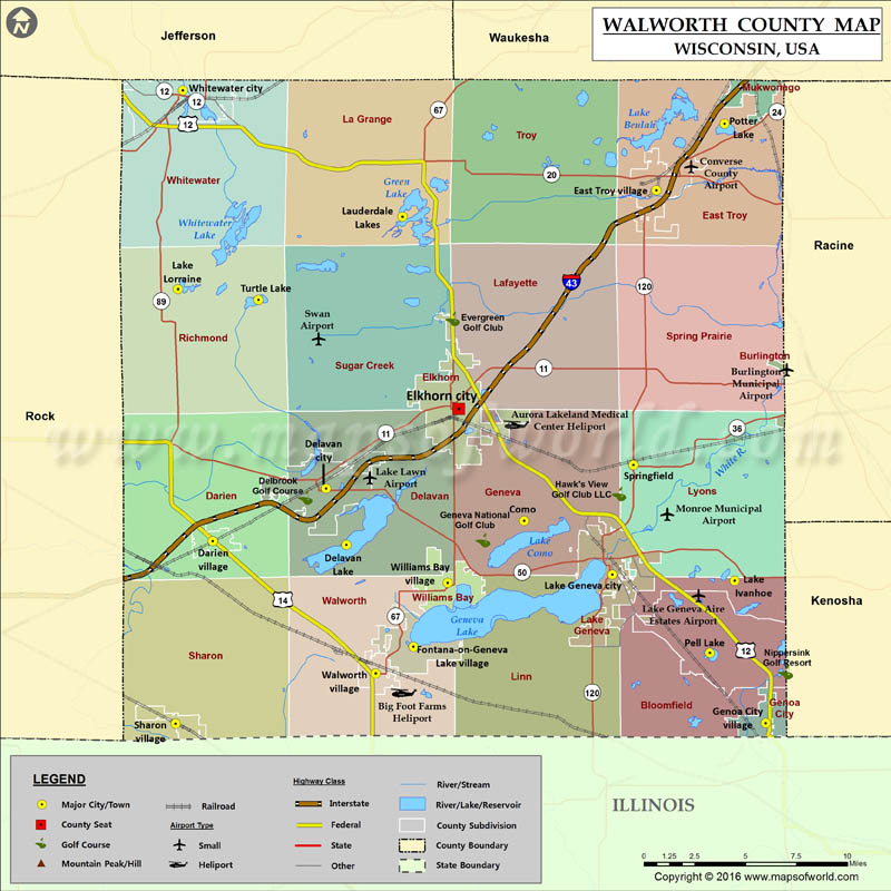Figure 2. Walworth County Map, Wisconsin. From Maps of World, 2016